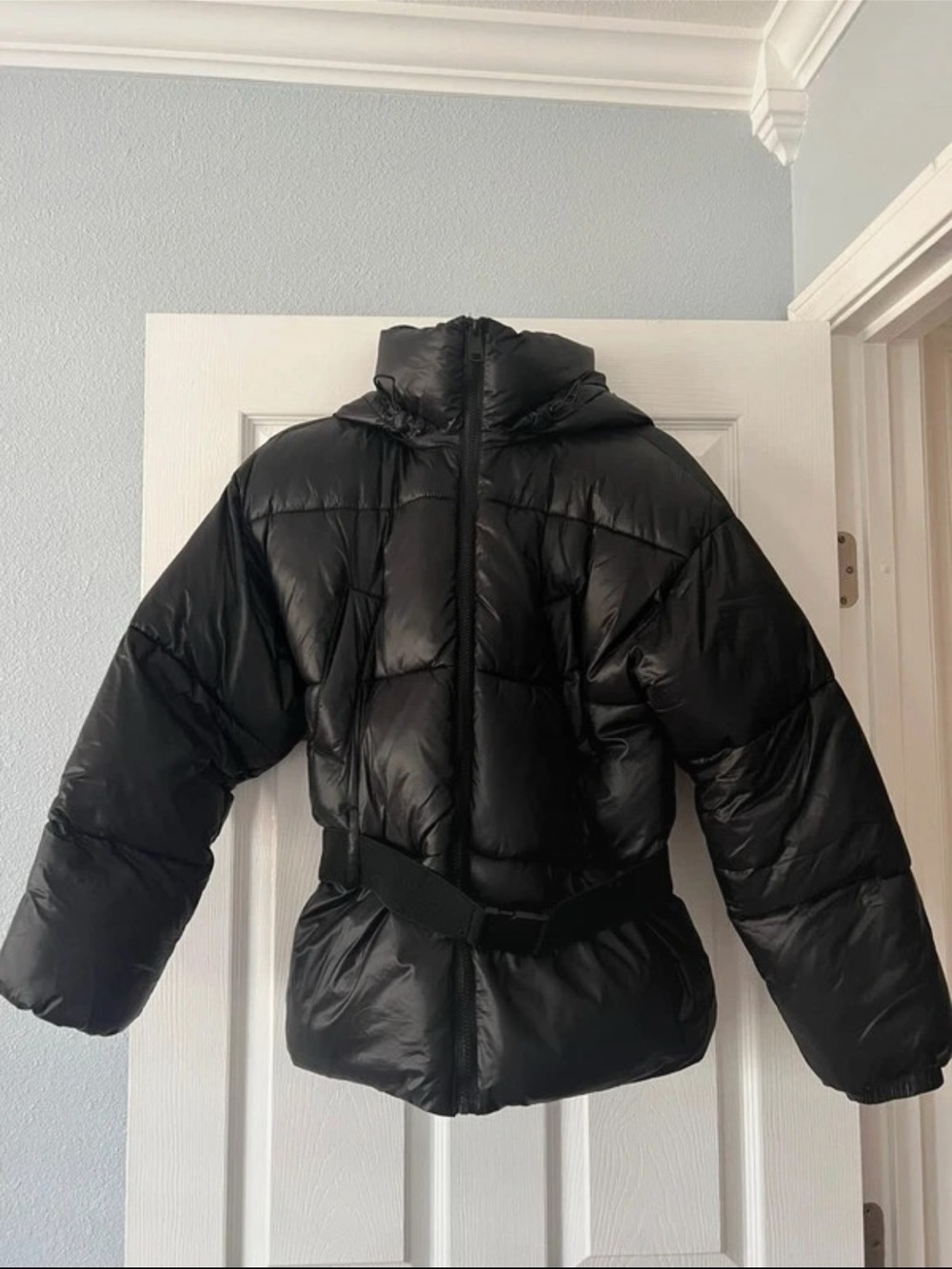Forever 21 Black Hooded Belted Puffer Jacket